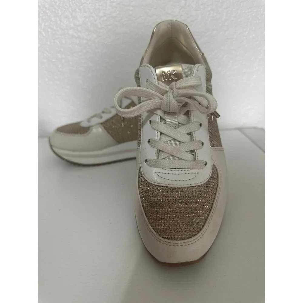 Michael Kors Sneakers Platform Gold Glitter Logo Lace Up Casual Shoes - Picture 6 of 9